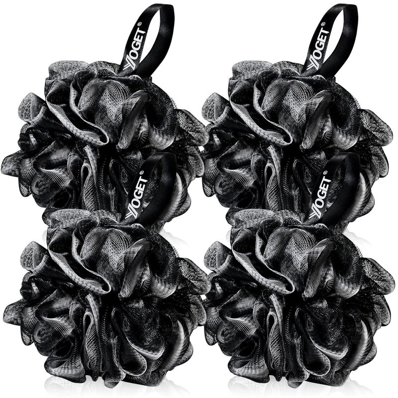 Yoget Bath Loofah Sponge, 4 Pack Black 60G Shower Mesh Ball Soft Pouf Body Scrubber, Exfoliate, Cleanse, Soothe Skin, Black Loofah with White Trim - Image 1